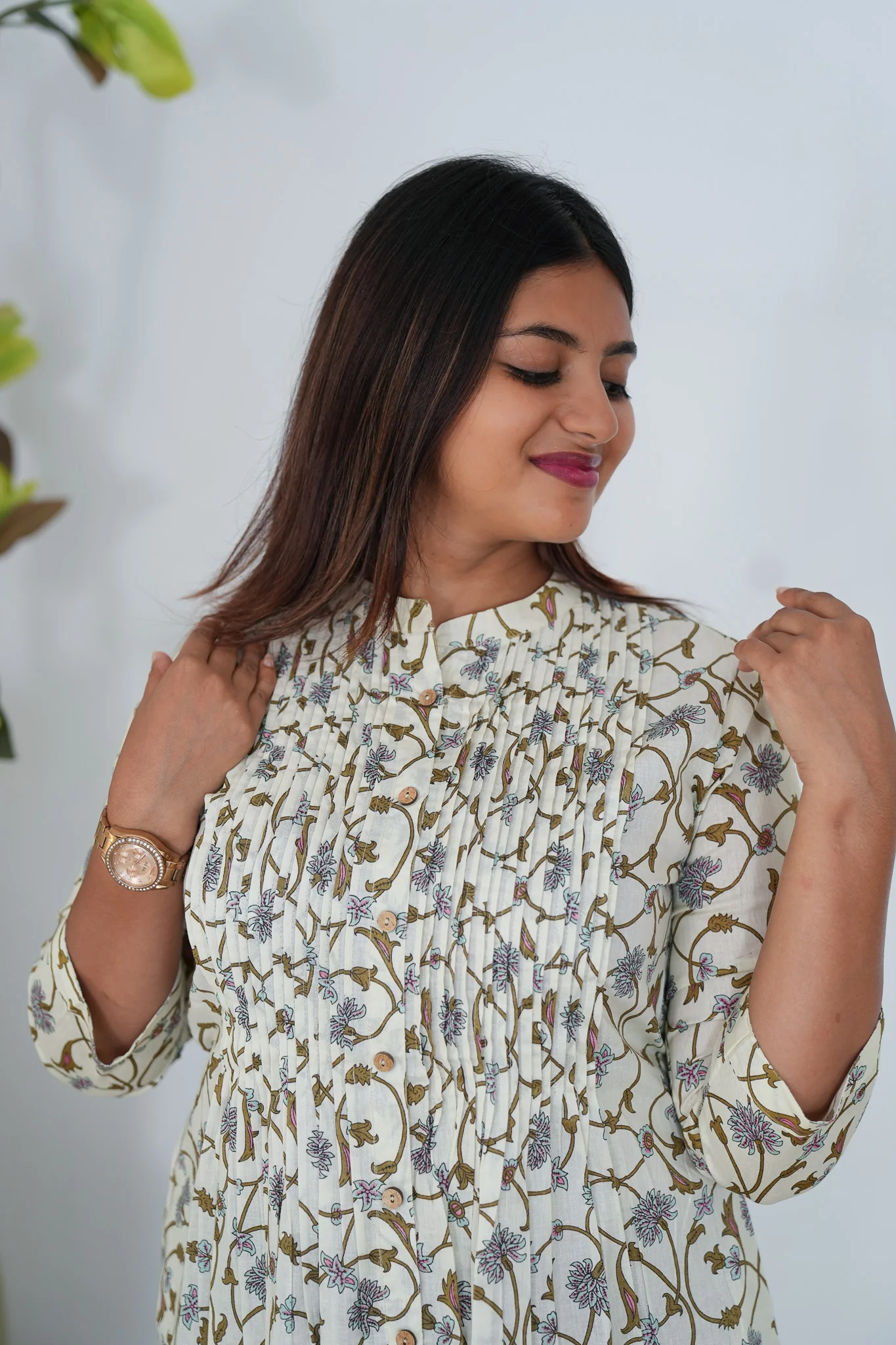 Beige floral  cotton a-line kurti - Image 3