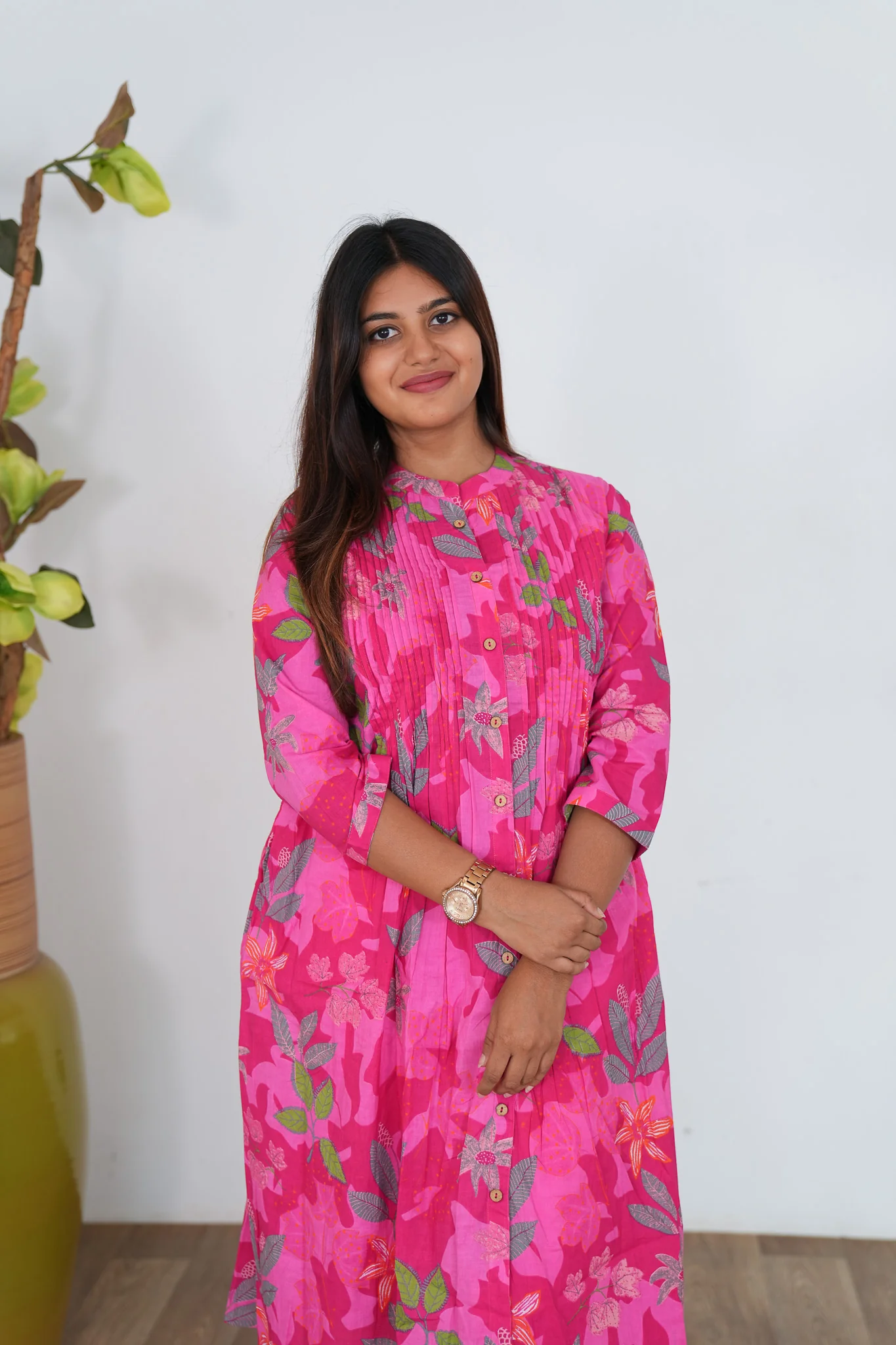 Hot pink floral cotton a-line kurti - Image 3