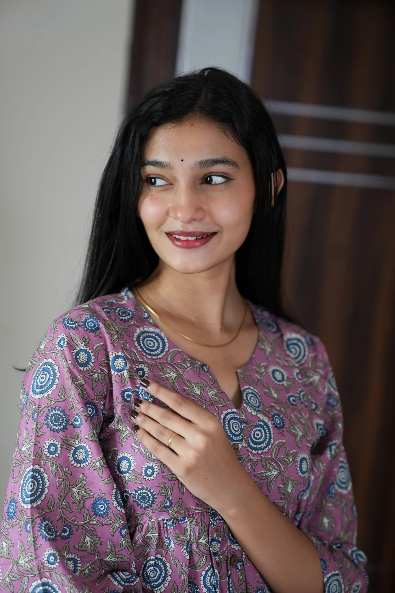Mauve floral peplum cotton short kurti - Image 3