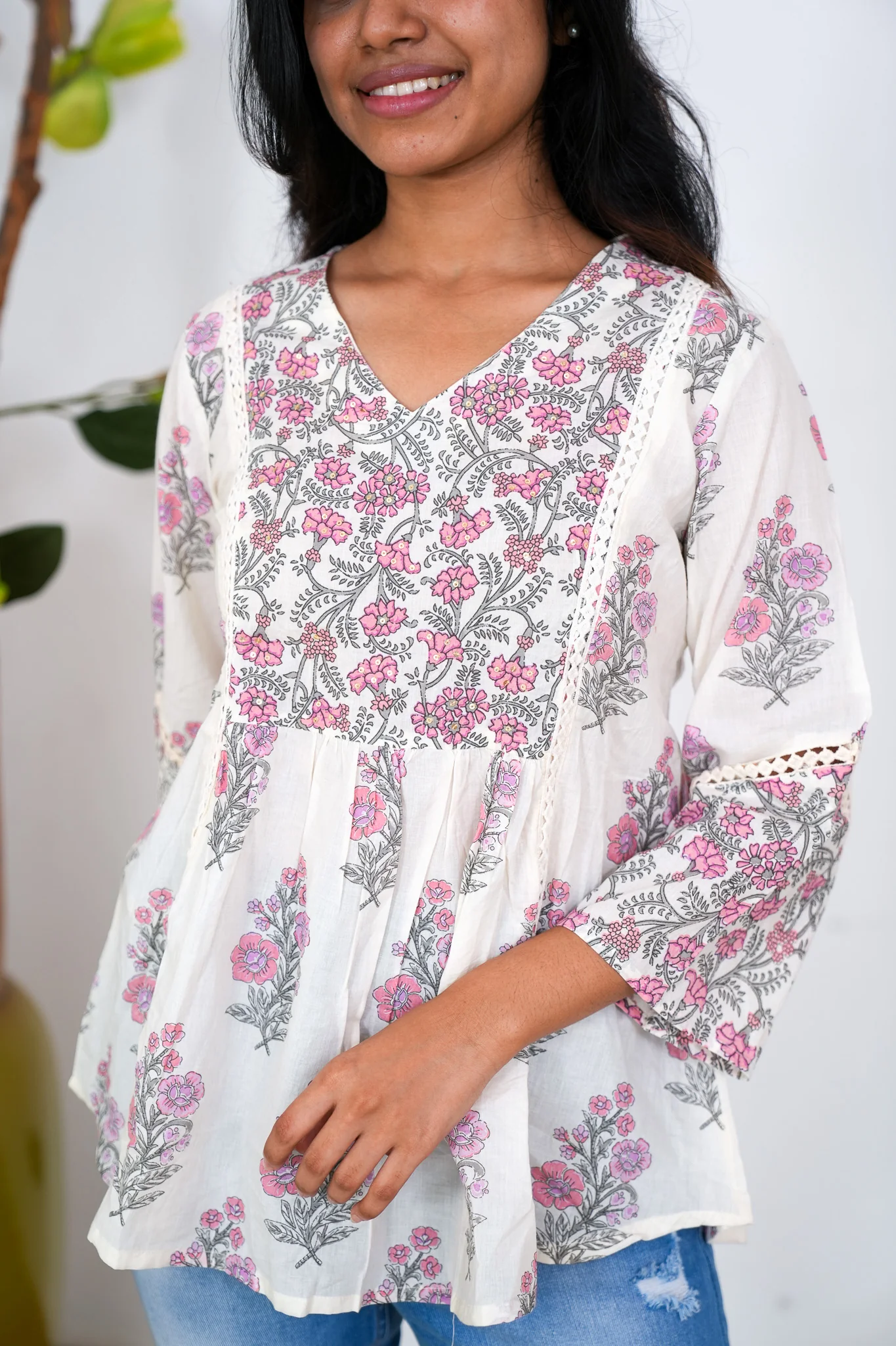 Grey and pink floral flared cotton short kurti - Image 3