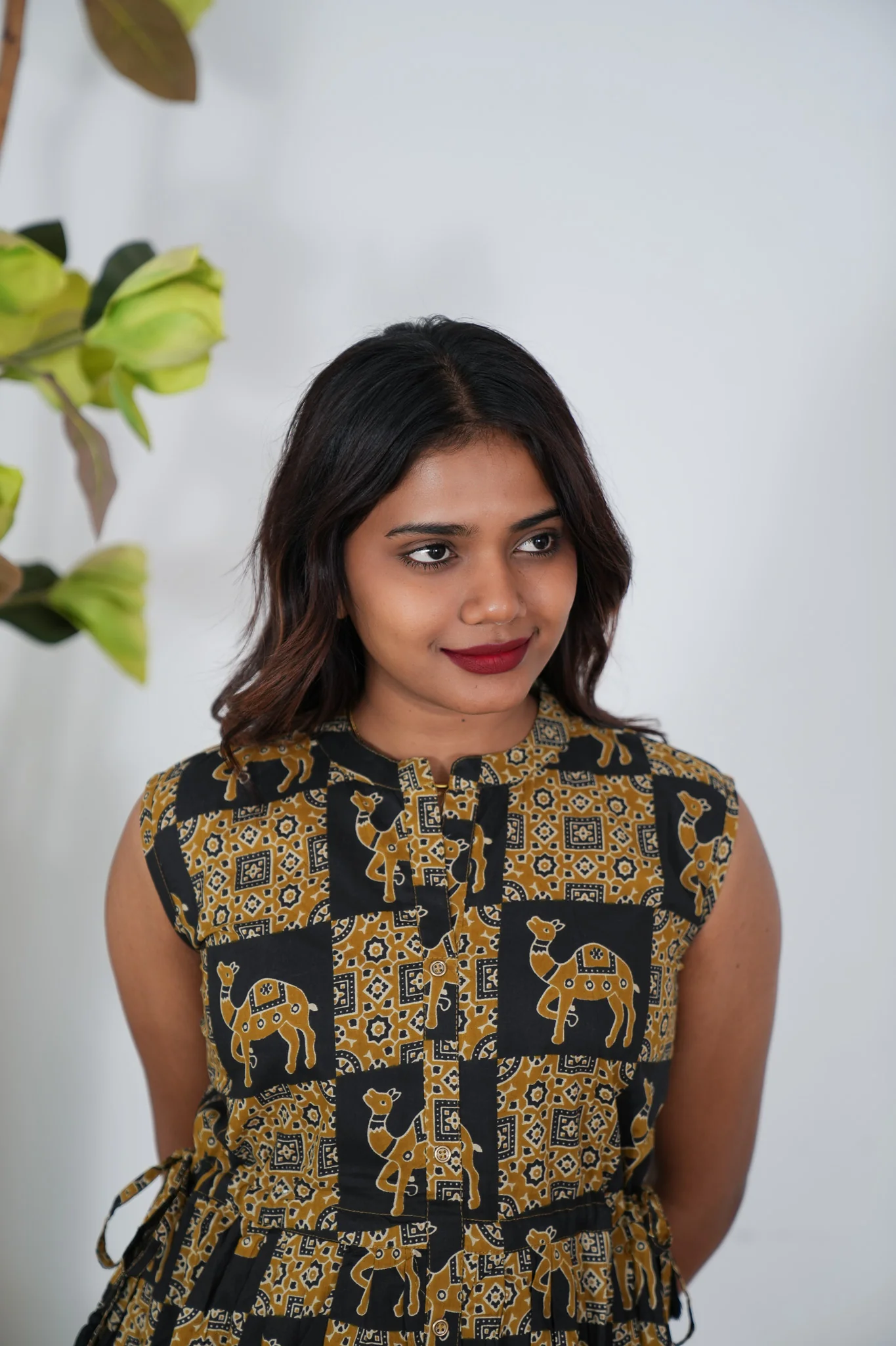 Mustard ajrakh camel printed cotton kurti (sleeve attached) - Image 3