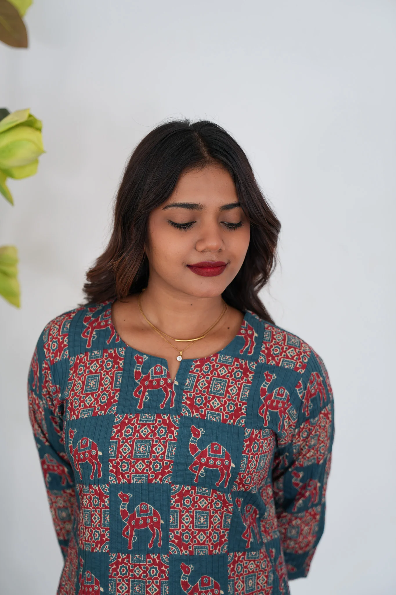 Peacock blue ajrakh camel printed cotton kurti - Image 3