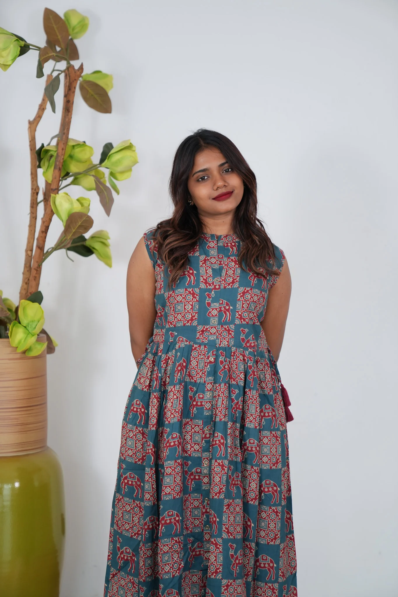 Peacock blue ajrakh camel printed cotton kurti (sleeve attached) - Image 3