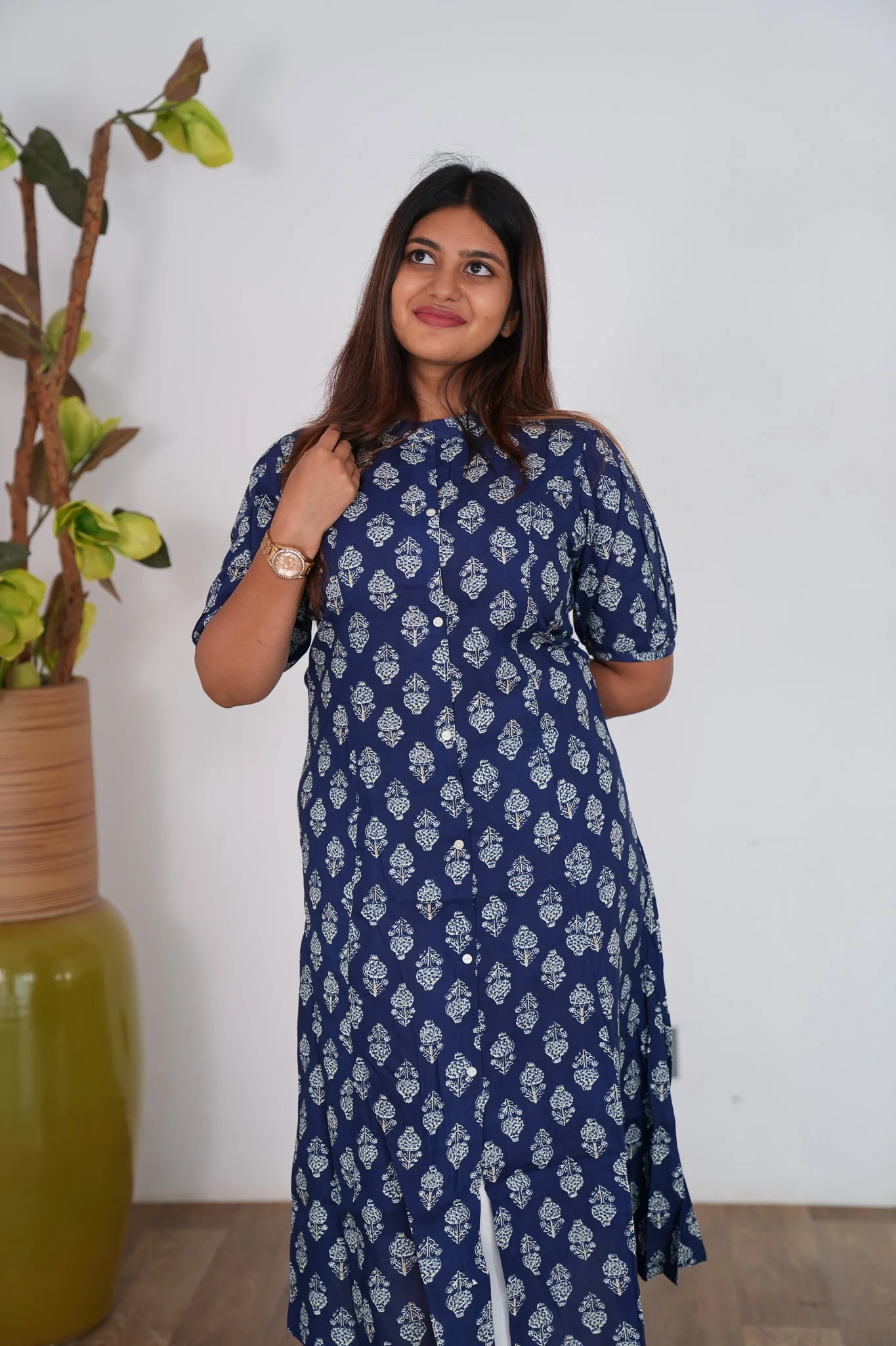 Navy blue floral a-line kurti - Image 3