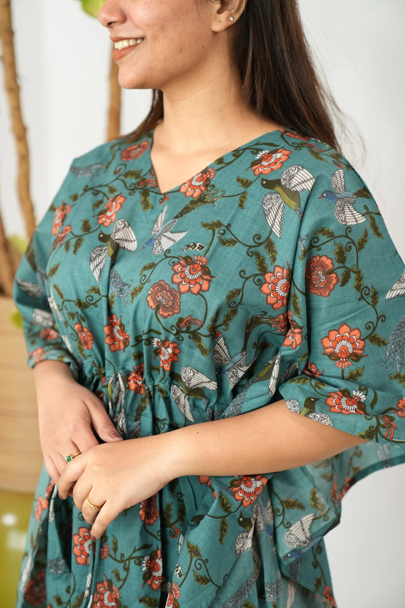 Turquoise floral cotton kaftan comfies - Image 3