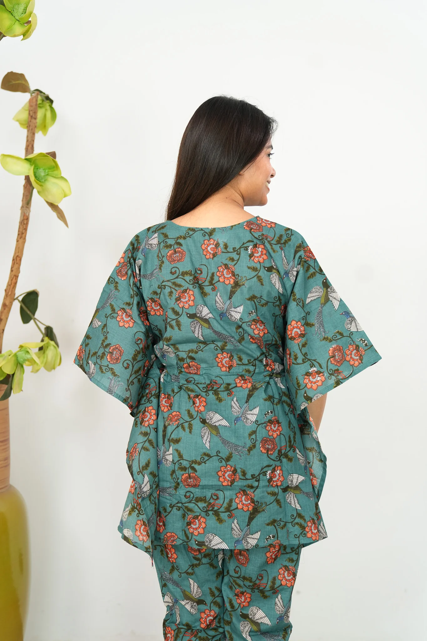 Turquoise floral cotton kaftan comfies - Image 4