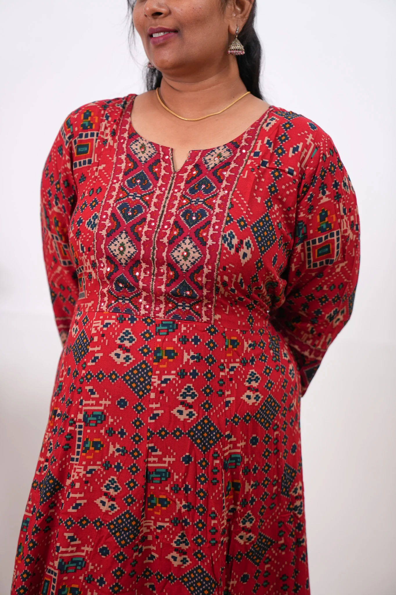 Red ajrakh plus long gown - Image 4