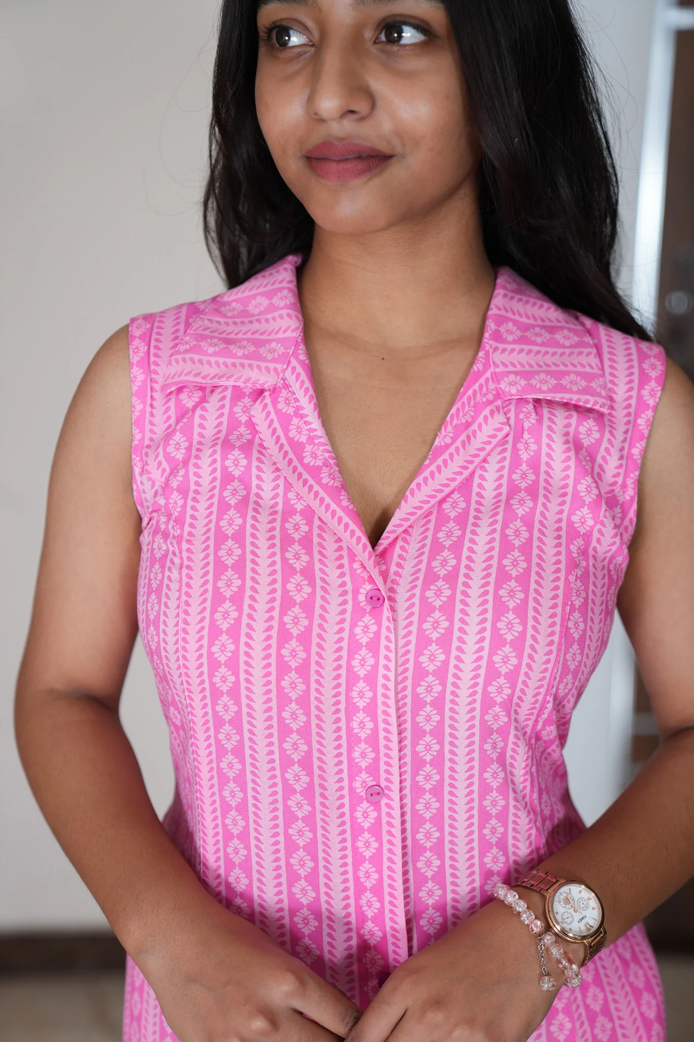Bubble gum pink cotton shirt dress(attached sleeves) - Image 3