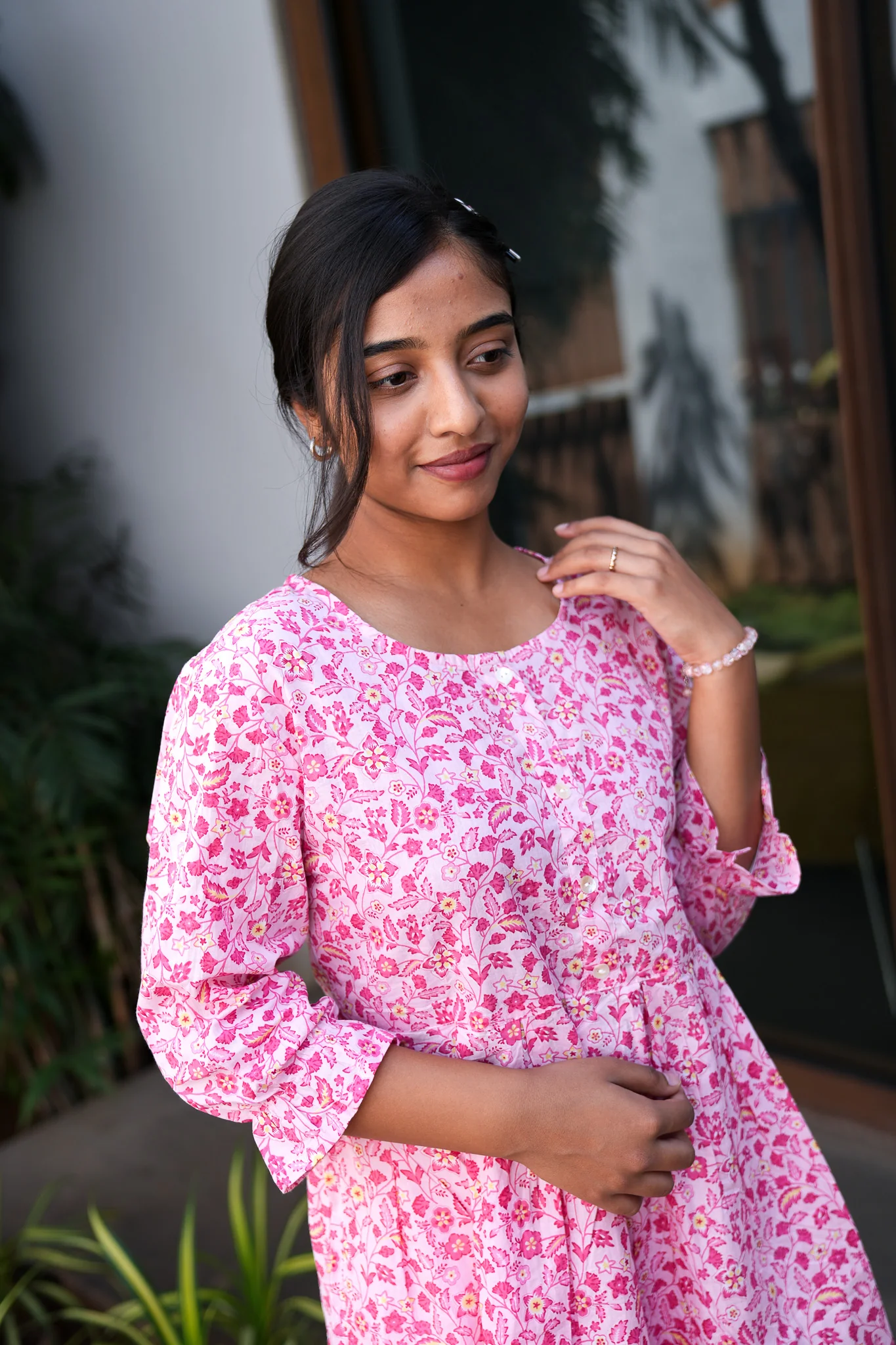 Pink floral peplum cotton short kurti - Image 4