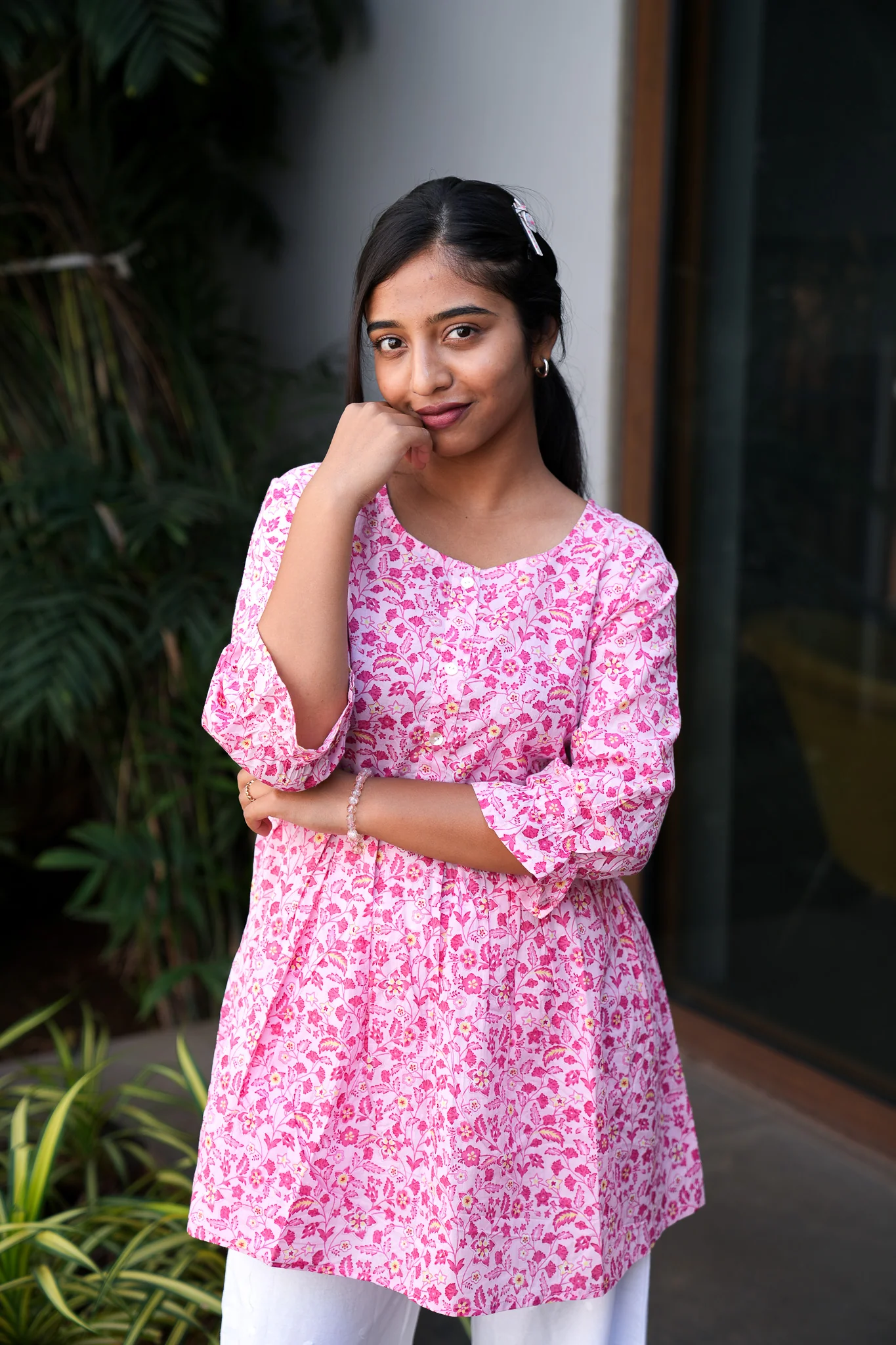 Pink floral peplum cotton short kurti - Image 5