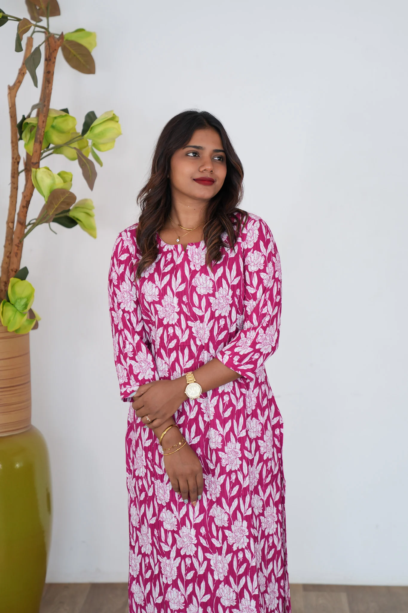Pink floral pintex cotton kurti - Image 3