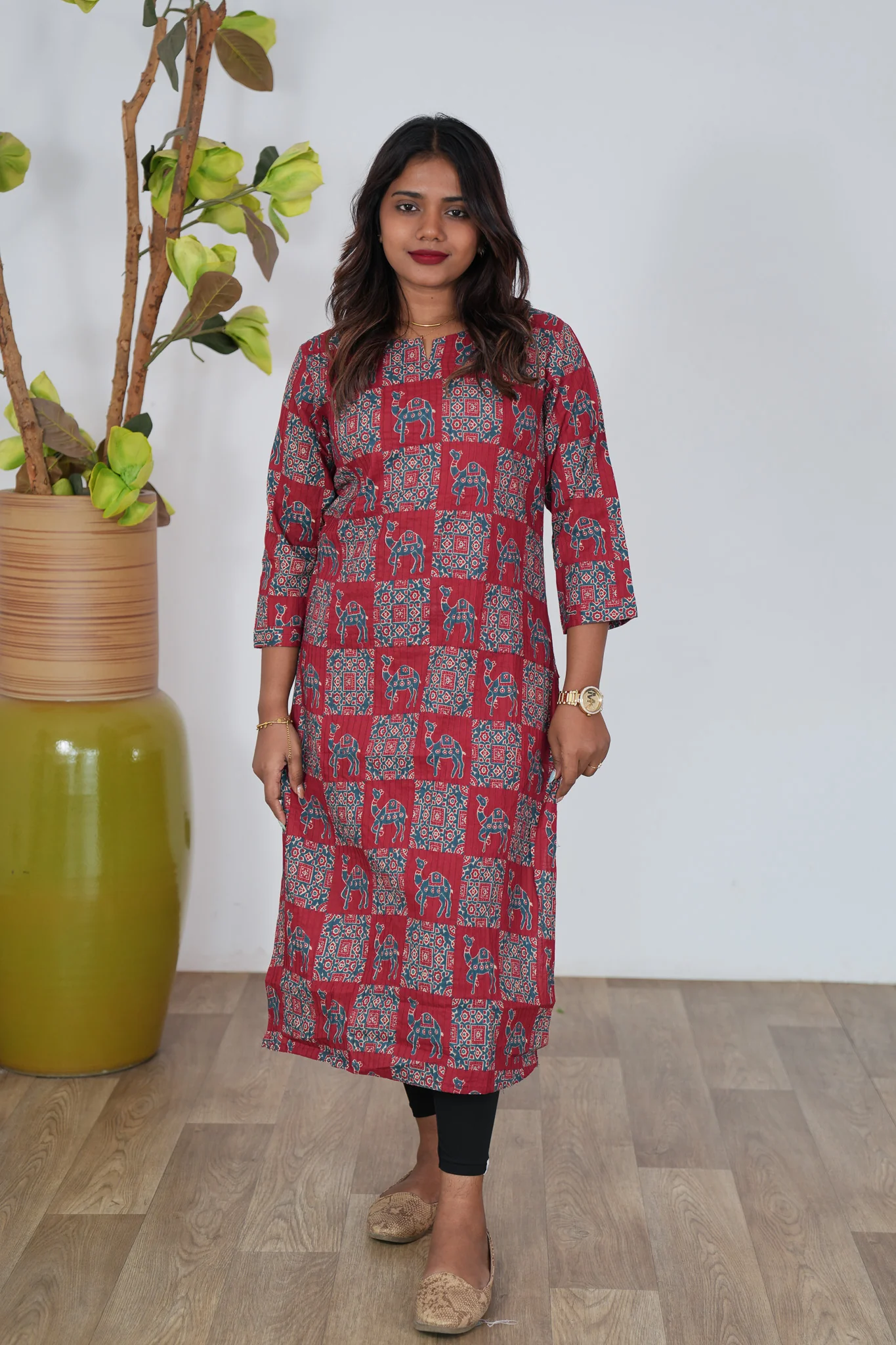 Maroon ajrakh camel printed cotton kurti - Image 3