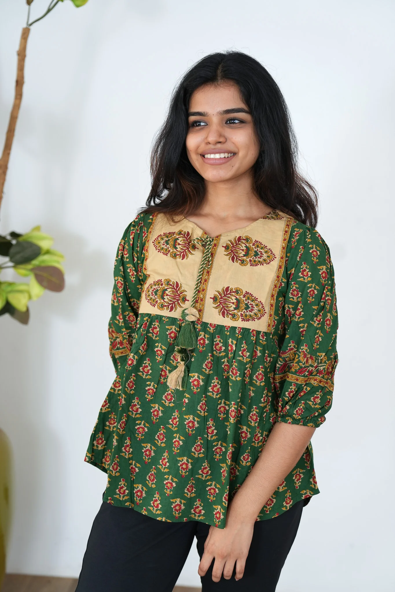 Forest green ajrakh cotton peplum top - Image 3