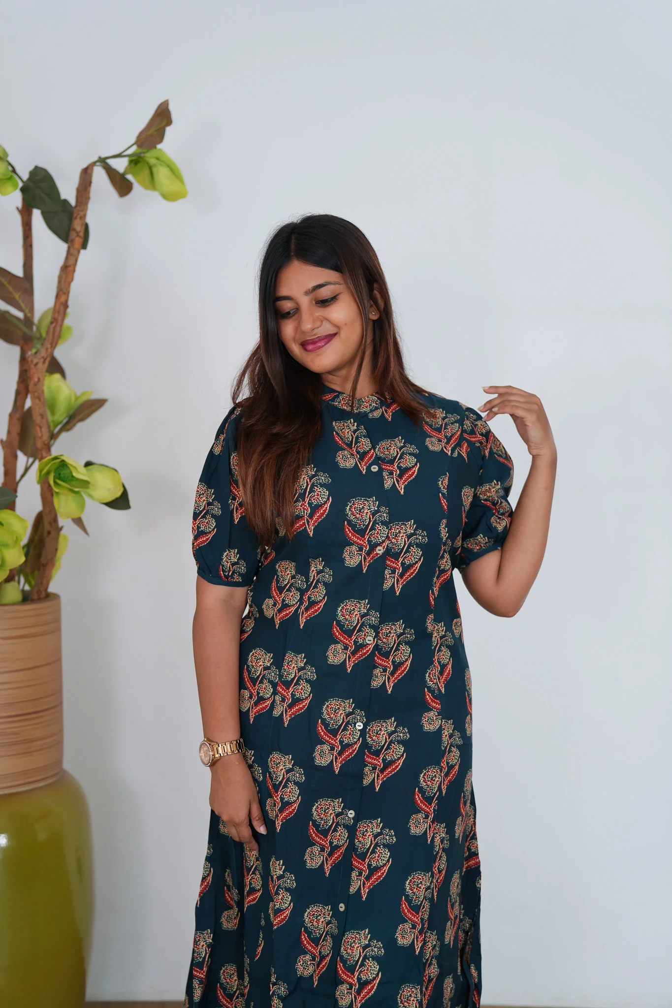 Royal blue floral cotton a-line kurti - Image 3