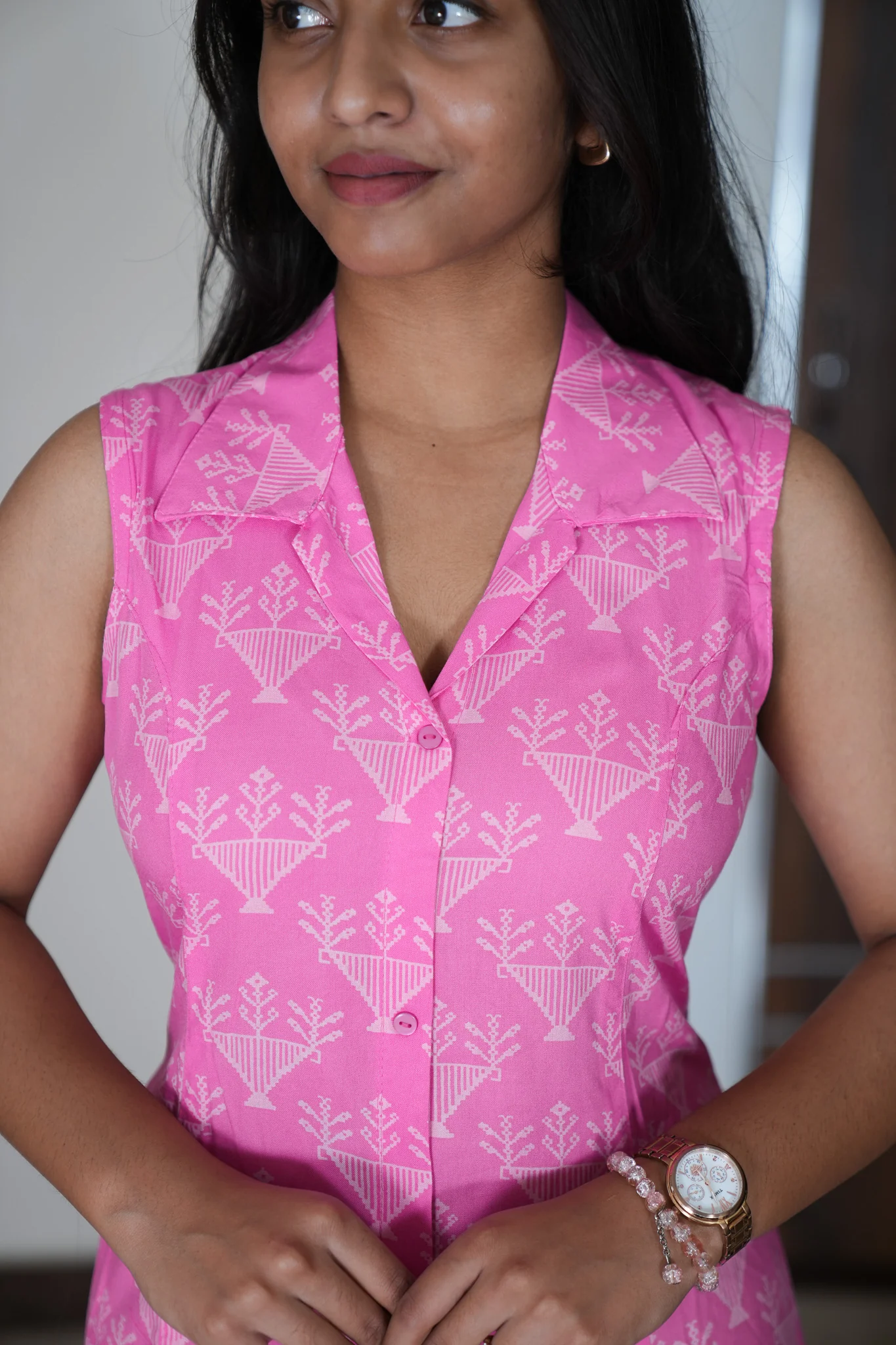 Pink snowflake cotton shirt dress(attached sleeves) - Image 3