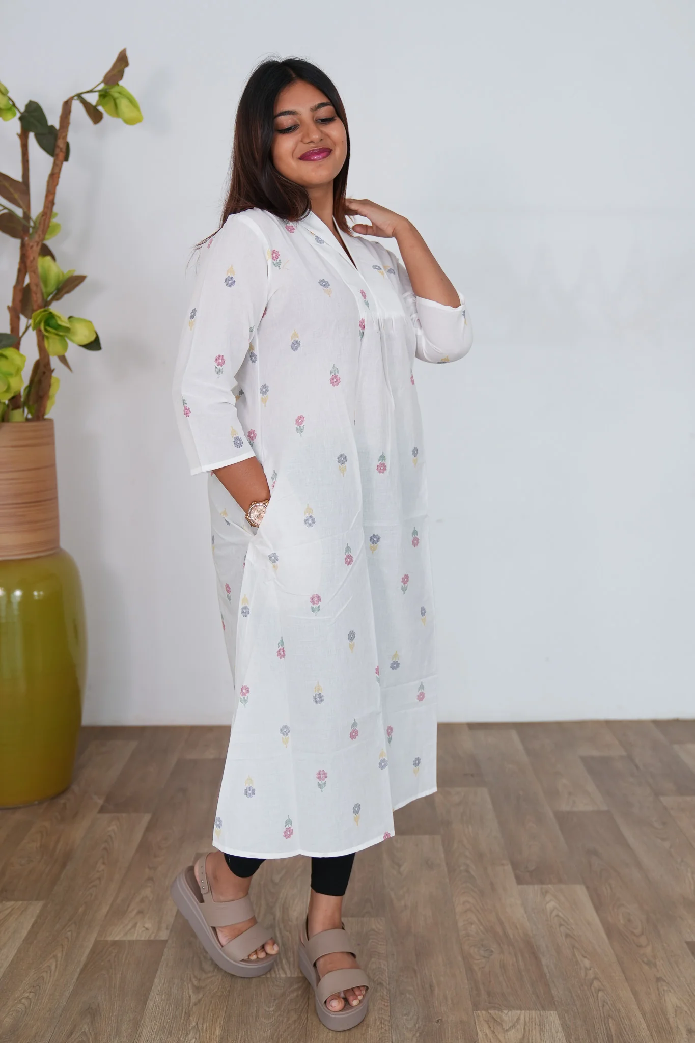 White floral cotton a-line kurti - Image 3